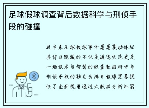 足球假球调查背后数据科学与刑侦手段的碰撞